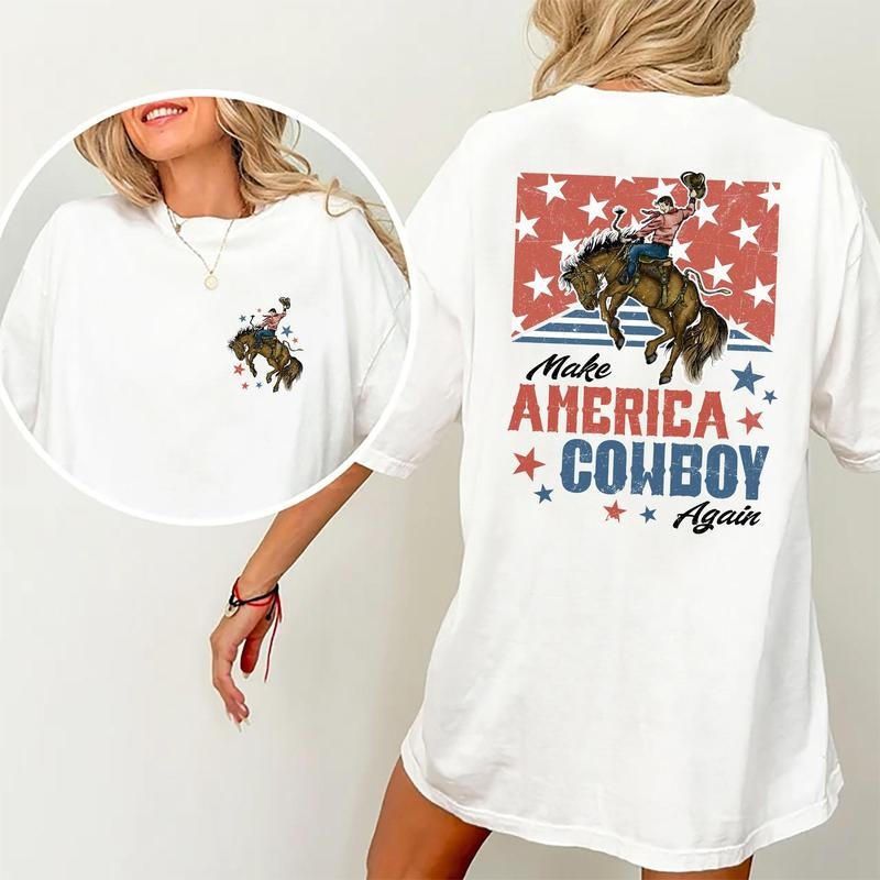 Make America Cowboy Again Shirt, Retro Cowboy Shirt, Cowgirl Graphic Tee, Funny Western America 4th Of July Tee, Vintage Cowgirl Top, Independence Day USA Shirt, Patriotic USA Tshirt, Women Tops, Cotton Fabric Oversized Graphic Tee, Relaxed Fit Chic Style