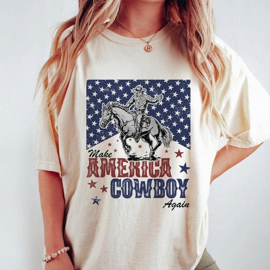 Make America Cowboy Again Shirt, Western Fourth of July T-shirt, Western Shirt For Women, 4th Of July Shirts, USA Flag Shirt, America Retro Shirts, Country Western Tee, Gifts For Her, Fourth Of July Tee, Women's Tops