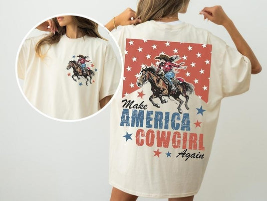 Make America Cowgirl Again Shirt, Bucking Bronco, July 4th Tee, America Shirt, Patriotic Shirt, Cowgirl Shirt, Western 2 side  T-shirt, sweater and Hoodie