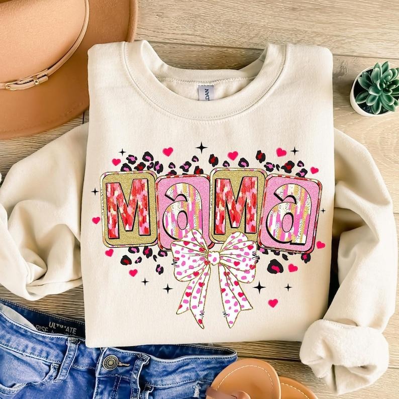 Mama Valentine Loved Mama Sweatshirt Valentines Day Heart Coquette Bow , Pink, Brushstroke Valentine