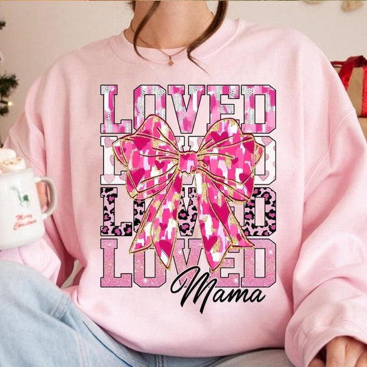 Mama Valentine Sweatshirt Loved Mama , Valentines Day Heart Coquette Bow , Pink, Brushstroke