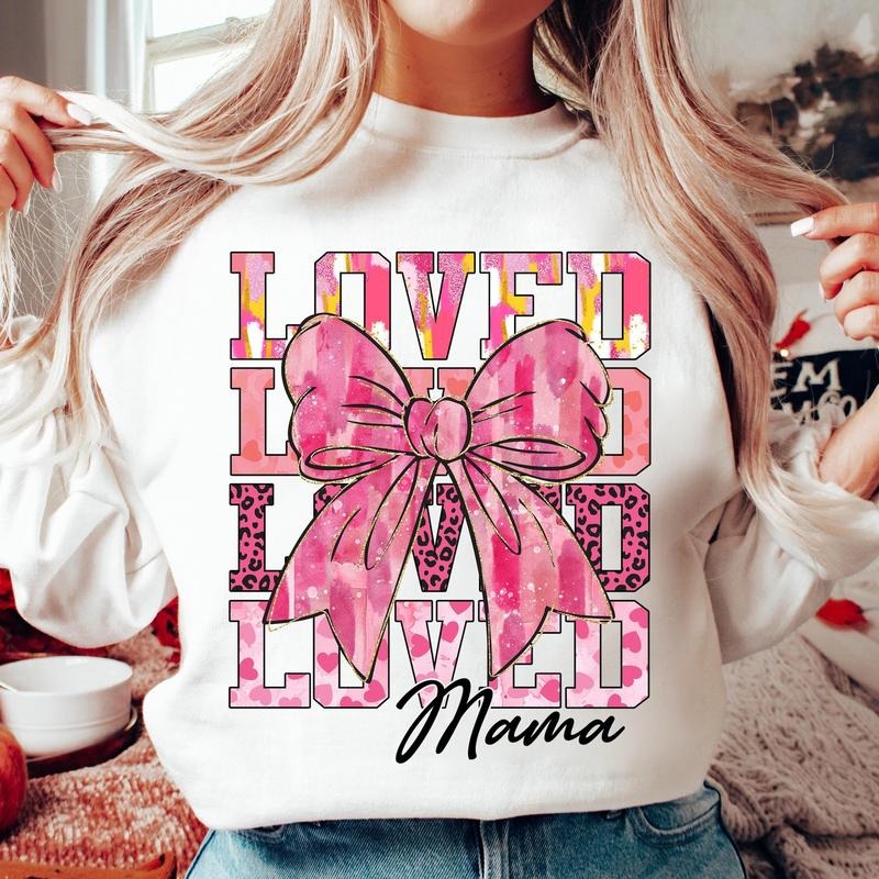 Mama Valentine Sweatshirt, Loved Mama Sweatshirt, Valentines Day Heart Coquette Bow Sweatshirt, Pink, Brushstroke Valentine Sweatshirt, Retro Valentine Sweatshirt, Glitter