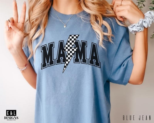 Mama Varsity Shirt, Comfort Colors Tee, Checkered Mom Tee, Mother's Day Gift, Trendy Lightning Bolt Mama Tshirt, Baby Shower Gift