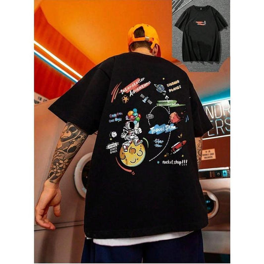 Manfinity EMRG Men's Drop Shoulder T-Shirt With Space Element & Letter Print, 2 Sided T-Shirt , Naughty Clothes Men, Merch Gift