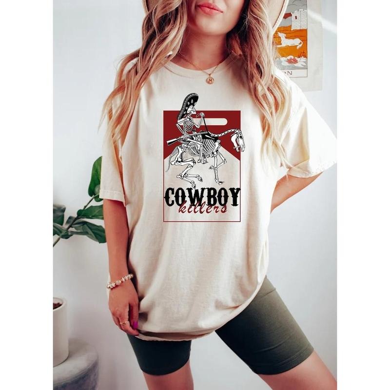 Marlboro Cowboy Killer Graphic Tee - Cotton Retro T-Shirt with Cowboy Skeleton Design, Casual Style for Women