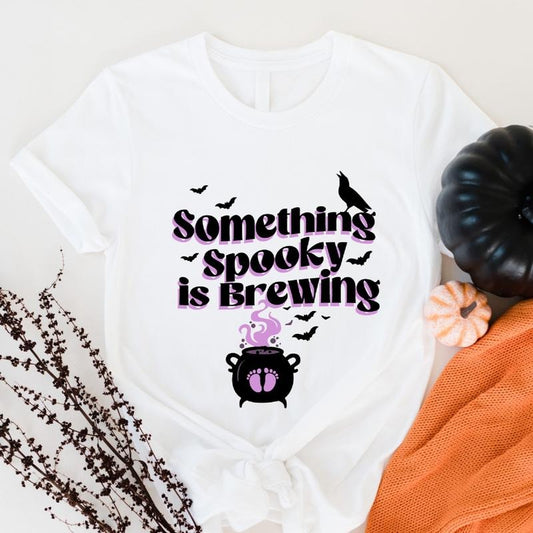 Maternity Halloween T-Shirt, Something Spooky Is Brewing Shirt, Halloween Pregnancy Announcement Shirt, Baby Shower Gift Tee, New Mom To Be Short Sleeve.