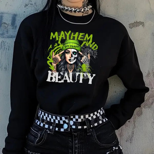 Mayhem and Beauty - Get F&cked -  Black Crewneck Sweatshirt, T Shirt, or Hoodie Pullover | Punk, Alt, Grunge, Goth, Skeleton Style