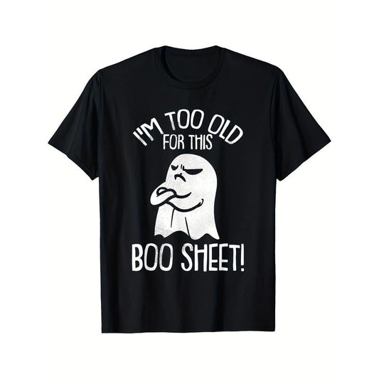 Men'S Halloween Ghost T-Shirt - Mature Style, 100% Cotton Crew Neck, Short Sleeve, Regular Fit, All-Season Comfort, Casual Daily Wear, Black - "I'm Too Old for This Boo Sheet" Print Made in USA