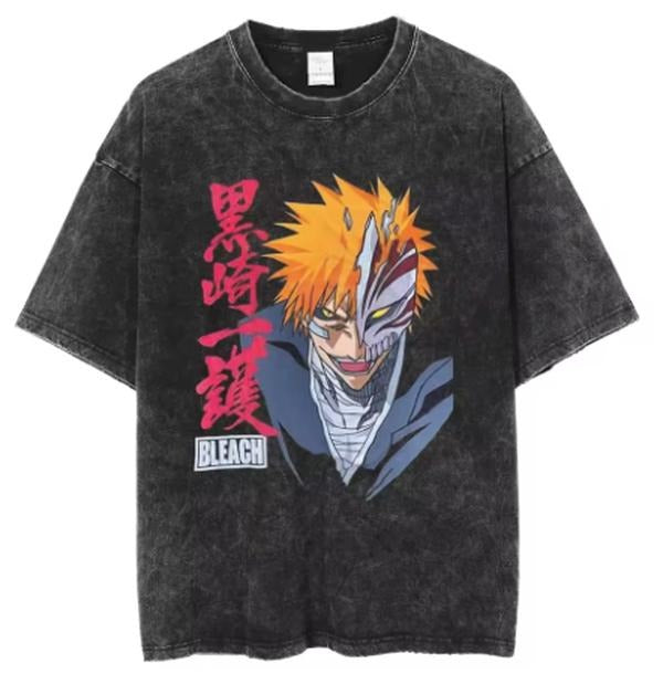 Men Summer Fashion Streetwear Tshirt Harajuku Anime Print Casual T-Shirt Unisex Vintage Oversize Cotton Washed Black Tee