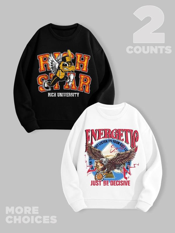 Men's Animal & Letter Print Drop Shoulder Sweatshirt, Regular Fit Casual Soft Comfy Long Sleeve Round Neck Pullover for Fall & Winter, Men's Clothes for Daily Wear