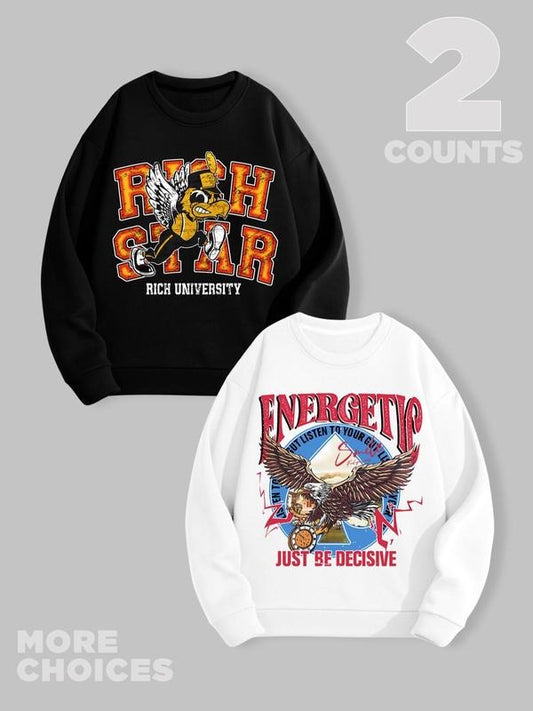 Men's Animal & Letter Print Drop Shoulder Sweatshirt, Regular Fit Casual Soft Comfy Long Sleeve Round Neck Pullover for Fall & Winter, Men's Clothes for Daily Wear