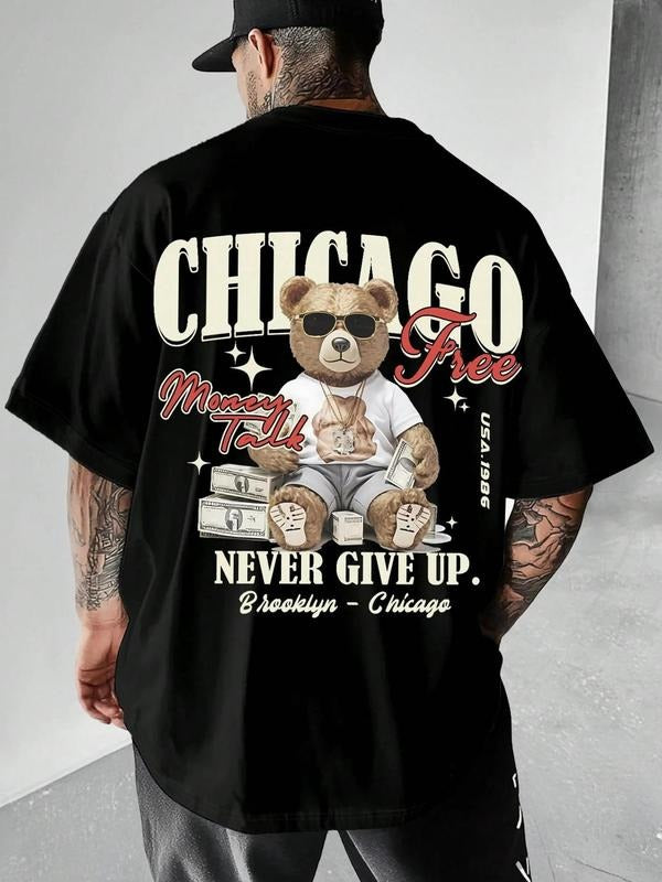 Men's Bear & Money Graphic Print Round Neck Tee, Regular Fit Casual Fashion Short Sleeve T-shirt for Summer, Men's Top for Daily Wear, Tropical