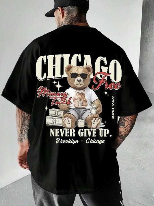 Men's Bear & Money Graphic Print Round Neck Tee, Regular Fit Casual Fashion Short Sleeve T-shirt for Summer, Men's Top for Daily Wear, Tropical