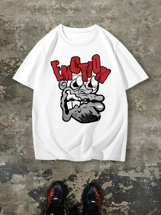 Men's Cartoon Face & Letter Print Drop Shoulder Tee, Regular Fit Casual Comfy Round Neck Half Sleeve T-Shirt for Summer, Menswear for Daily Wear