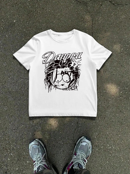 Men's Cartoon Figure & Letter Print Round Neck Tee, Regular Fit Street Fashion Casual Short Sleeve T-Shirt for Daily Wear, Men's Summer Clothes