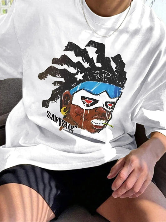 Men's Cartoon Figure Print Drop Shoulder Tee, Regular Fit Casual Street Short Sleeve Round Neck T-Shirt for Summer, Men's Top for Daily Wear