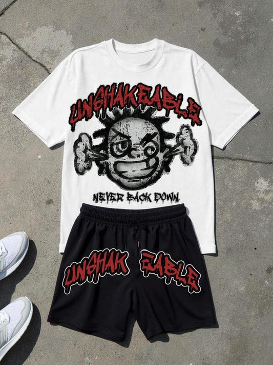 Men's Cartoon Graphic Print Short Sleeve Tee & Letter Print Shorts Two-piece Set, Regular Fit Casual Round Neck T-shirt & Track Shorts, Men's Summer Clothes