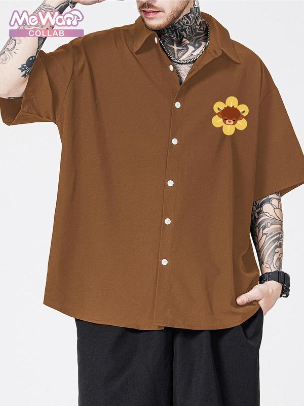 Men's Cartoon Highland Cow & Floral Print Short Sleeve Shirt, Regular Fit Casual Street Soft Comfy Top for Summer, Men's Clothes for Daily Wear