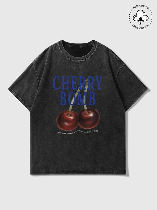 Men's Cherry Bomb & Hand Print Wash T-shirt, Regular Fit Casual Short Sleeve Round Neck Tee for Daily Wear, Men's Top for Summer, Tropical