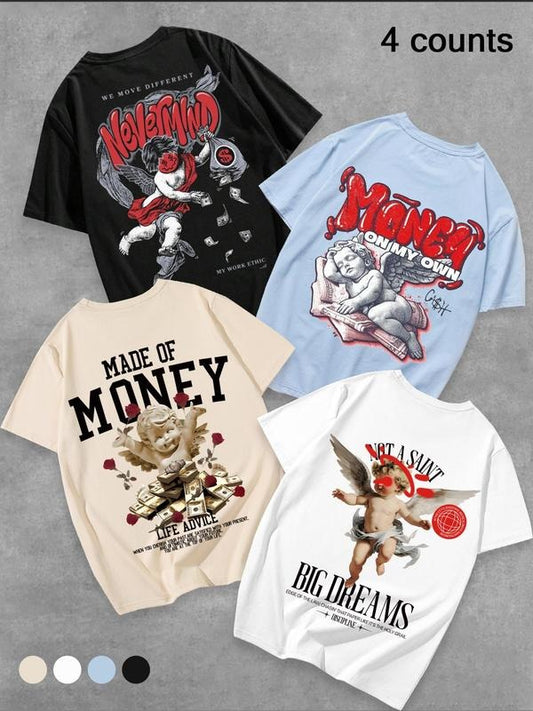 Men's Cherub & Letter Print Short Sleeve Tee, Casual Round Neck T-shirt for Daily Wear, Men's Top for All Seasons