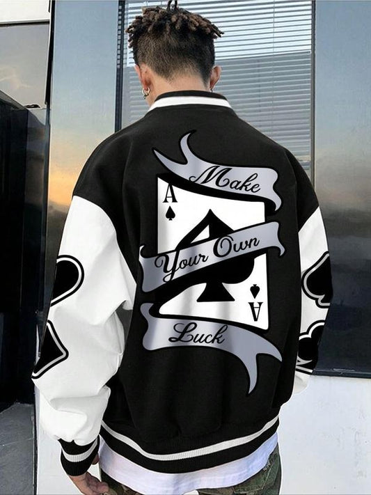 Men's Colorblock Cartoon Poker Print Drop Shoulder Jacket, Fashion Casual Regular Fit Button Front Pocket Outerwear for Daily Outdoor Wear, Men Clothing for Fall & Winter