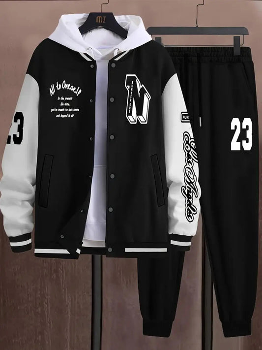 Men's Colorblock Letter Print Jacket & Pants Two-Piece Set, Casual Long Sleeve Button Front Outerwear & Trousers for Spring & Fall, Men's Two-piece Outfits for Daily Wear