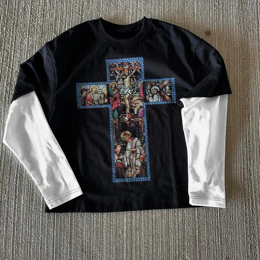 Men's Cross & Figure Print 2-IN-1 Long Sleeve Tee, Street Retro Round Neck T-Shirt for Daily Wear, Casual Comfy Top for All Seasons