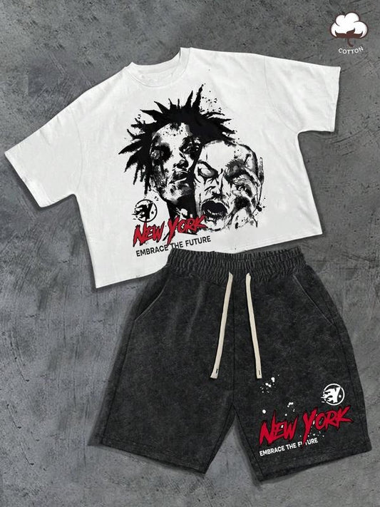 Men's Distressed Print Short Sleeve Tee & Pocket Shorts Two-Piece Set, Regular Fit Casual Round Neck T-shirt & Drawstring Waist Shorts, Men's Summer Clothes