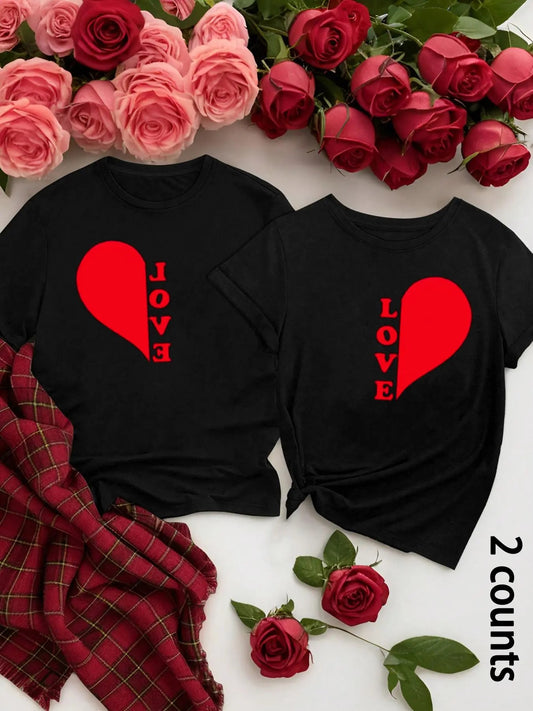 Men's Heart & Letter Print Short Sleeve Tee, Casual Regular Fit Round Neck T-shirt for Daily Wear, Men's Top for All Seasons