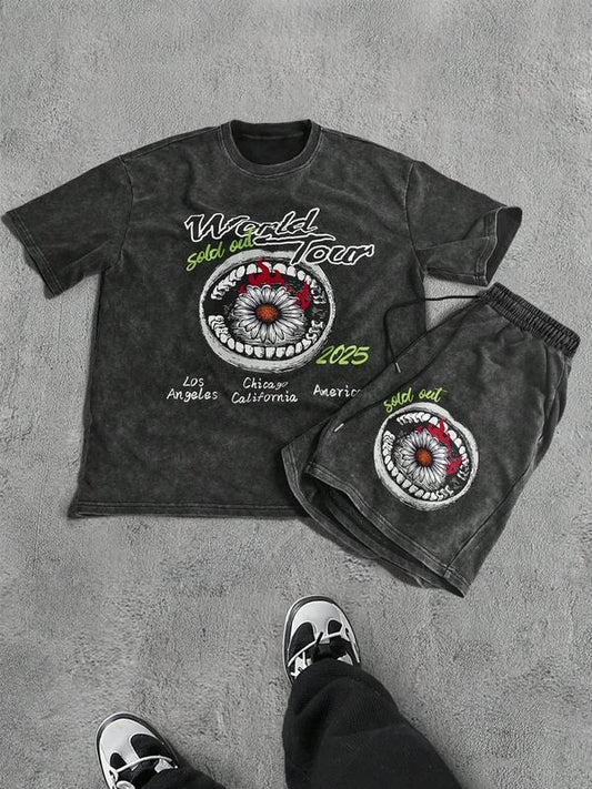 Men's Letter & Eye Print Short Sleeve Tee & Shorts Two-Piece Set, Regular Fit Casual Round Neck T-shirt & Track Shorts, Men's Spring & Fall Clothes, Cotton