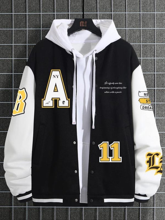 Men's Letter & Number Print Drop Shoulder Varsity Jacket, Regular Fit Casual Preppy Style Colorblock Long Sleeve Button Front Outerwear for Fall & Winter, Men's Clothes for Daily Wear