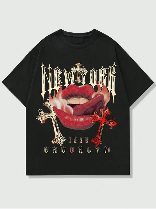 Men's Letter Cross Print Round Neck Tee, Regular Fit Casual Short Sleeve Crew Neck T-Shirt for Summer, Fashion Men's Top for Daily Wear