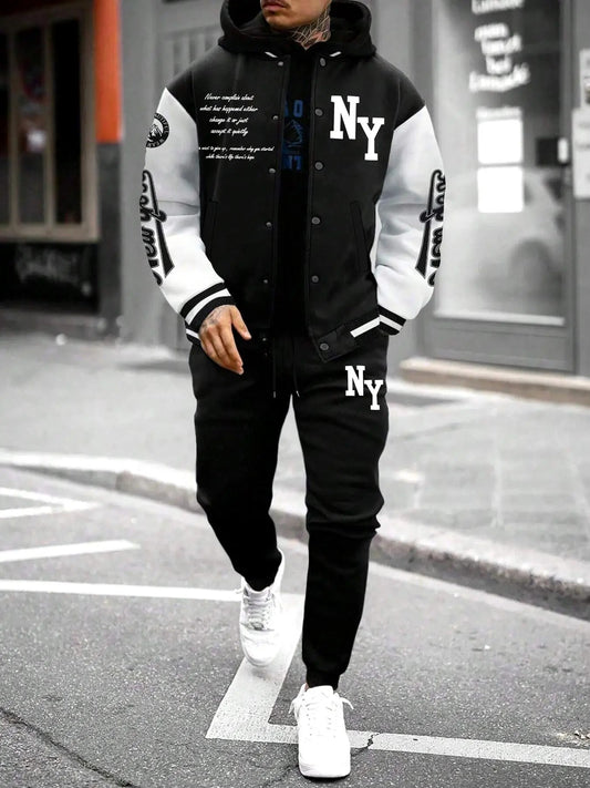 Men's Letter Print Baseball Jacket & Sweatpants Two-piece Set, Casual Regular Fit Baseball Collar Long Sleeve Outerwear & Jogger Pants for Spring & Fall, Men's Outfits for Daily Wear