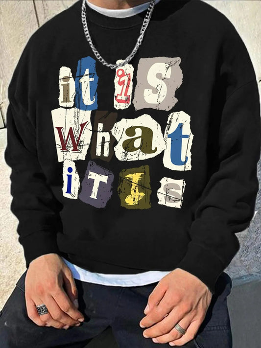 Men's Letter Print Drop Shoulder Sweatshirt, Regular Fit Casual Soft Comfy Long Sleeve Round Neck Pullover for Fall & Winter, Men's Clothes for Daily Wearstyle{n002}2