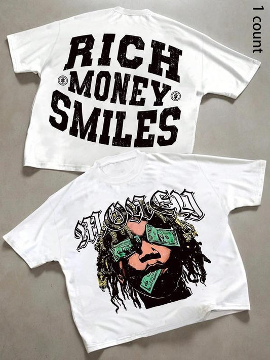 Men's Money Smiles Letter Print Round Neck Tee, Regular Fit Casual Short Sleeve T-shirt, Men's Summer Top for Daily Wear, Tropical, Cotton