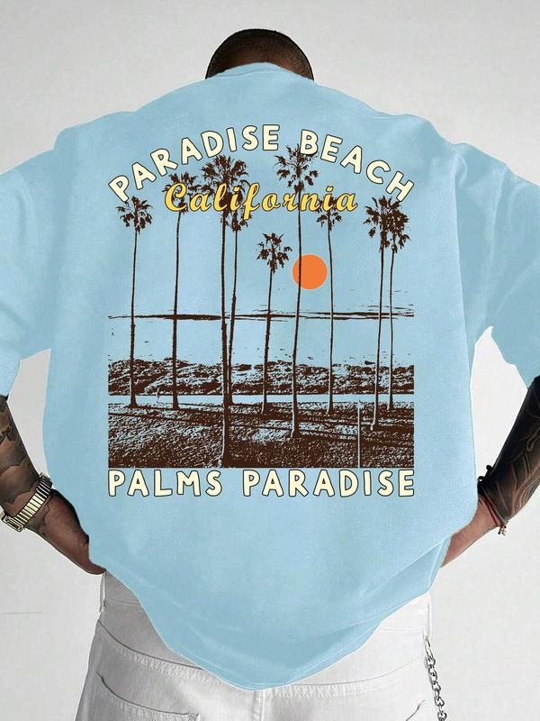 Men's Palm Tree & Sunset Print Round Neck Graphic Tee, Regular Fit Casual Short Sleeve T-shirt for Summer, Men's Top for Daily Wear, Tropical