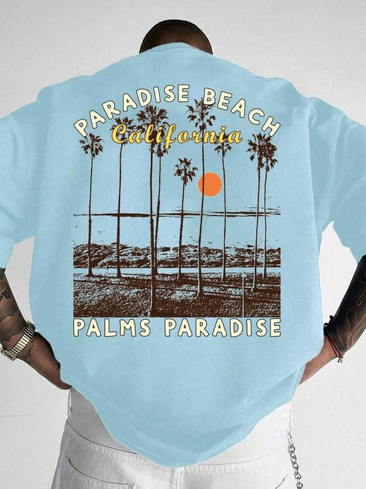 Men's Palm Tree & Sunset Print Round Neck Graphic Tee, Regular Fit Casual Short Sleeve T-shirt for Summer, Men's Top for Daily Wear, Tropical