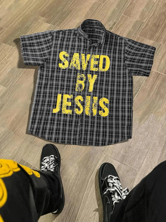 Men's Plaid & Letter Print Short Sleeve Shirt, Regular Fit Casual Street Soft Comfy Collared Top for Summer, Men's Clothes for Daily Wear