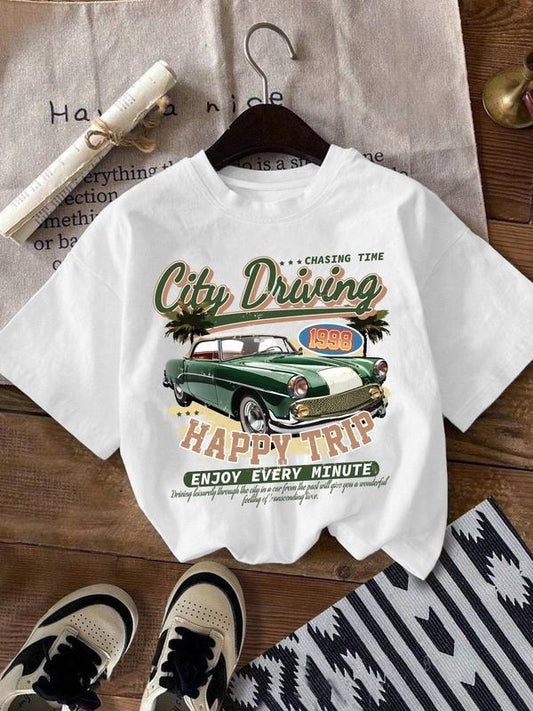 Men's Regular Fit City Driving Print Round Neck Tee, Casual Short Sleeve T-shirt for Daily Wear, Men's Top for All Seasons, Tropical