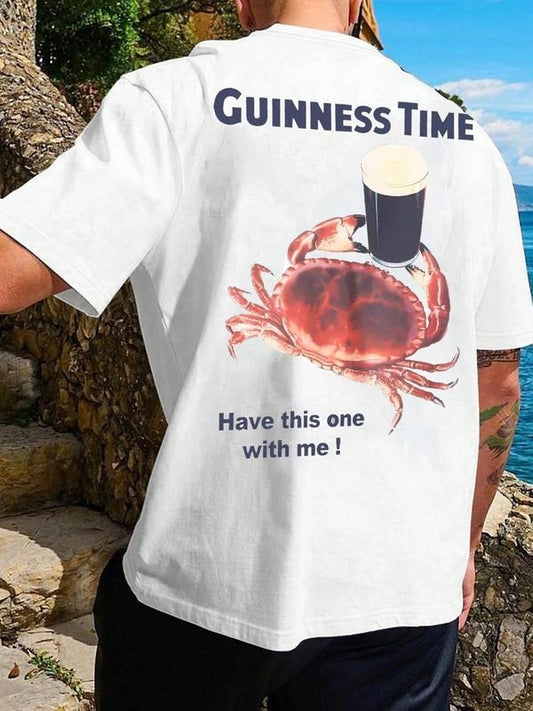 Men's Regular Fit Crab & Guinness Time Print Round Neck Tee, Casual Short Sleeve T-shirt for Summer, Men's Top for Daily Wear, Tropical