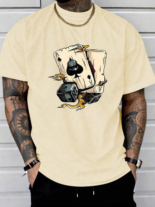 Men's Regular Fit Dice Print Round Neck Tee, Casual Short Sleeve Crew Neck T-shirt for Daily Wear, Men's Top for All Seasons, Tropical