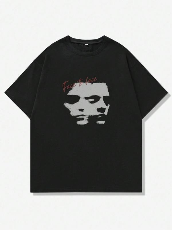 Men's Regular Fit Figure & Letter Print Drop Shoulder Tee, Casual Comfy Short Sleeve Round Neck T-Shirt for Summer, Fashion Men's Top for Daily Wear