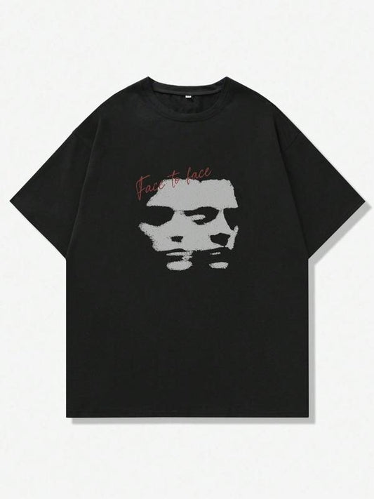 Men's Regular Fit Figure & Letter Print Drop Shoulder Tee, Casual Comfy Short Sleeve Round Neck T-Shirt for Summer, Fashion Men's Top for Daily Wear