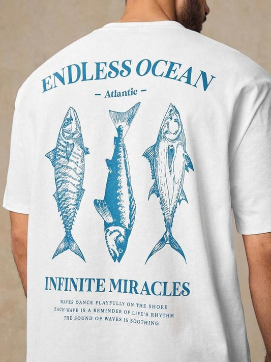 Men's Regular Fit Fish Print Round Neck Tee, Casual Short Sleeve Crew Neck T-shirt for Daily Wear, Men's Top for All Seasons, Tropical
