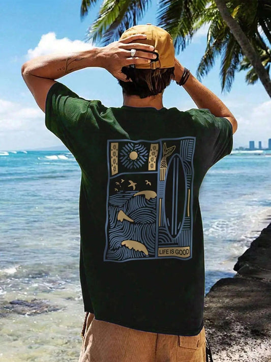 Men's Regular Fit Graphic Print Round Neck Short Sleeve Tee, Casual Crew Neck T-shirt for Daily Wear, Men's All-Match Top for All Seasons