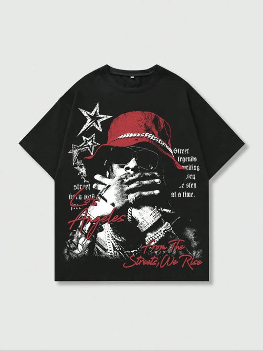 Men's Regular Fit Letter & Hat Print Round Neck Tee, Street Fashion Casual Short Sleeve T-Shirt for Daily Wear, Menswear for Summer