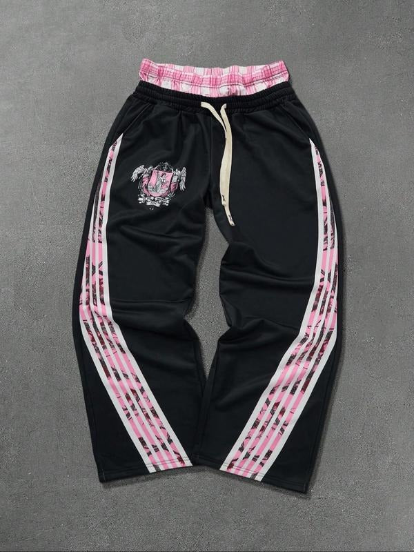 Men's Side Stripe Double Waisted Drawstring Waist Loose Wide Leg Sweatpants Streetwear Pants Men Street Wear Pants, Graphic Sweats, For Rave