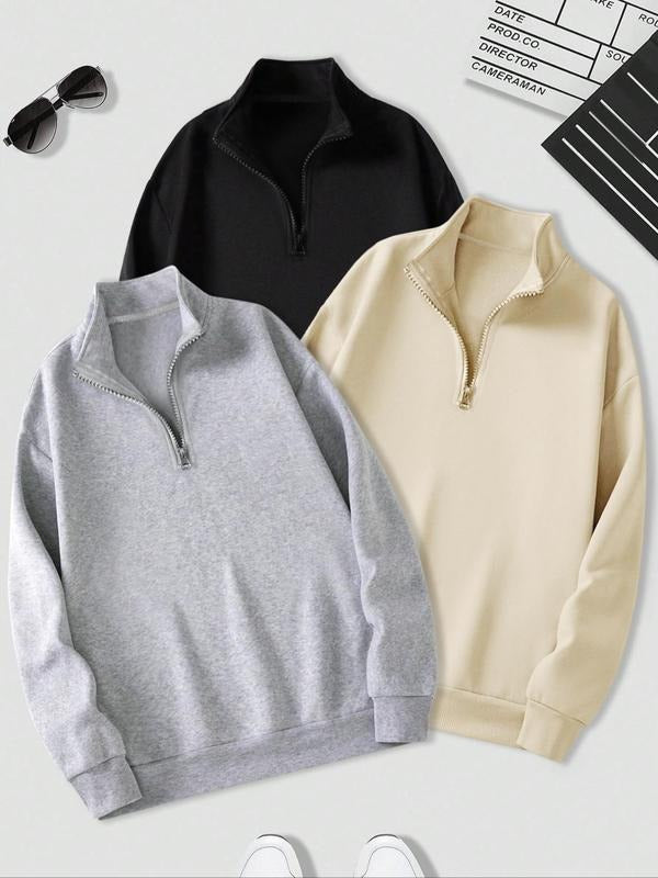 Men's Solid Drop Shoulder Zip Up Sweatshirt, Basic Casual Regular Fit Long Sleeve Stand Collar Pullover for Fall & Winter, Men's Clothes for Daily Wear