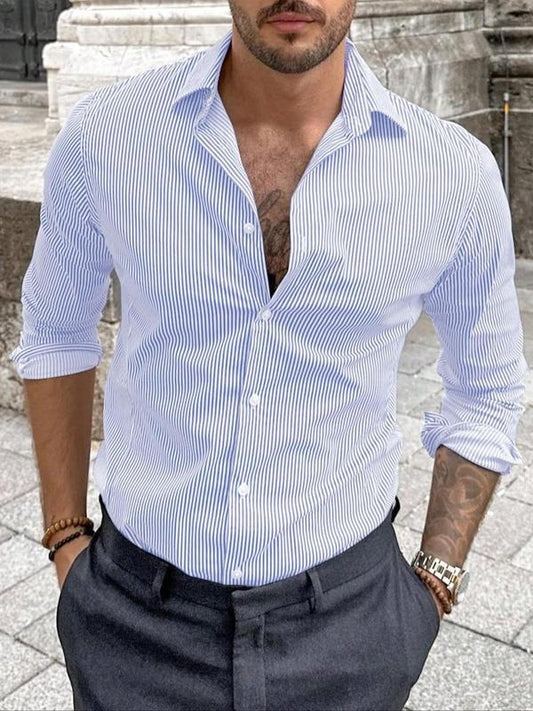Men's Striped Print Short Sleeve Shirt, Regular Fit Casual Business Collared Button Top for Work Office, Men's Summer Clothes, Menswear