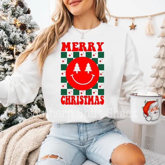 Merry Christmas Smiley Checkered Sweatshirt | Christmas Sweatshirt